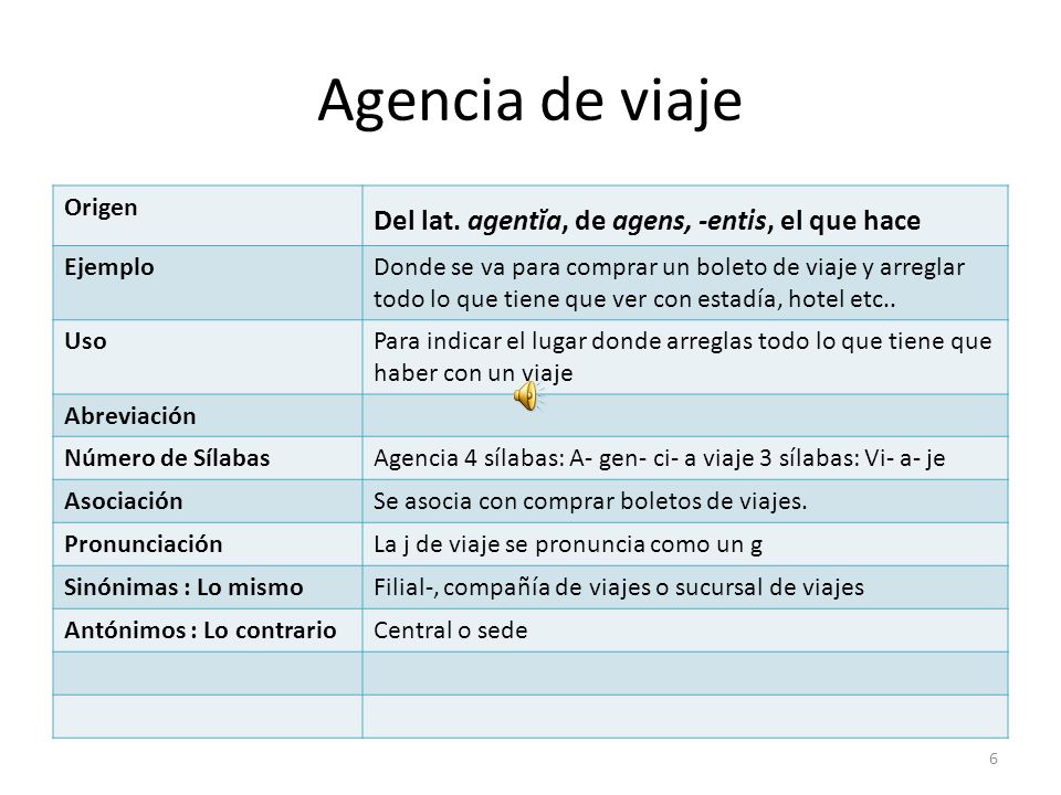 Agencia de viaje Del lat. agentĭa, de agens, -entis, el que hace