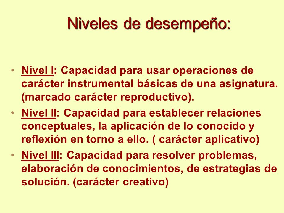 Niveles de desempeño: Nivel I: Capacidad para usar operaciones de carácter instrumental básicas de una asignatura. (marcado carácter reproductivo).