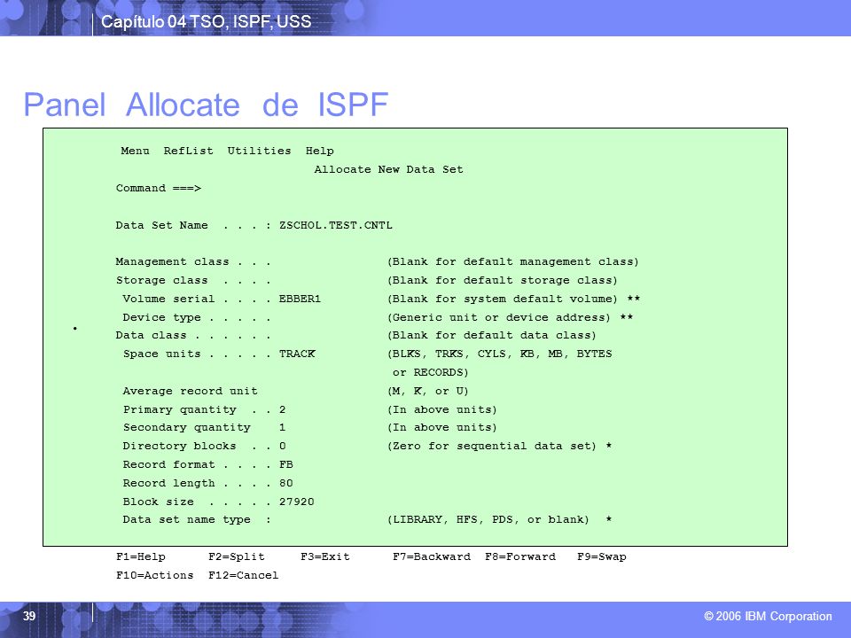 Panel Allocate de ISPF Menu RefList Utilities Help. Allocate New Data Set. Command ===> Data Set Name : ZSCHOL.TEST.CNTL.