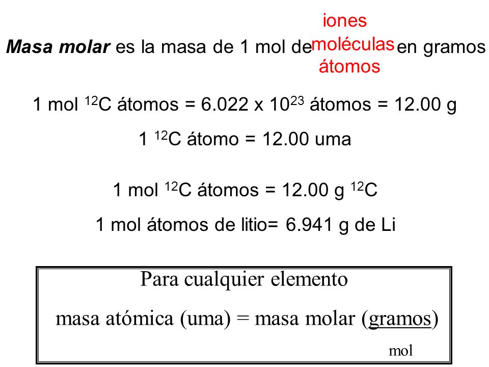 Para cualquier elemento masa atómica (uma) = masa molar (gramos)
