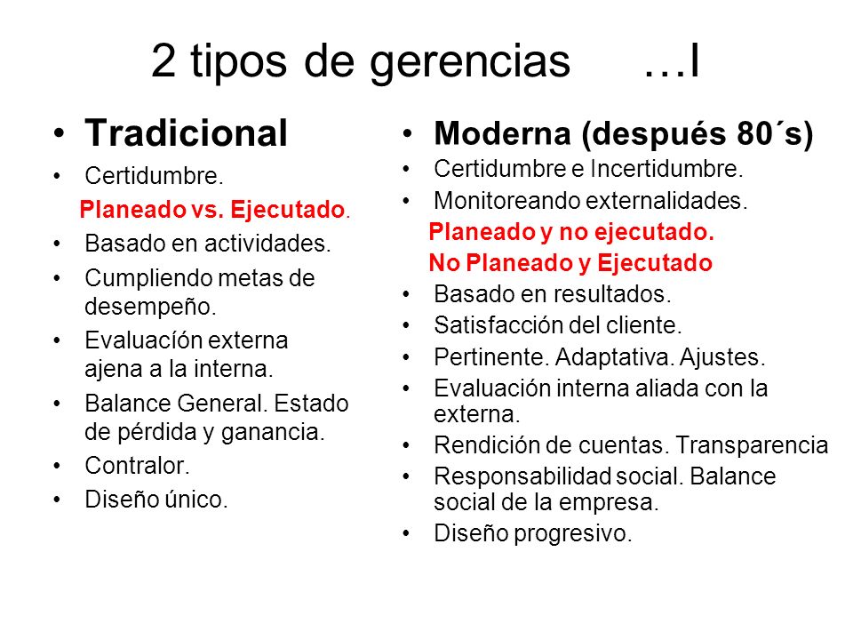 2 tipos de gerencias …I Tradicional Moderna (después 80´s)
