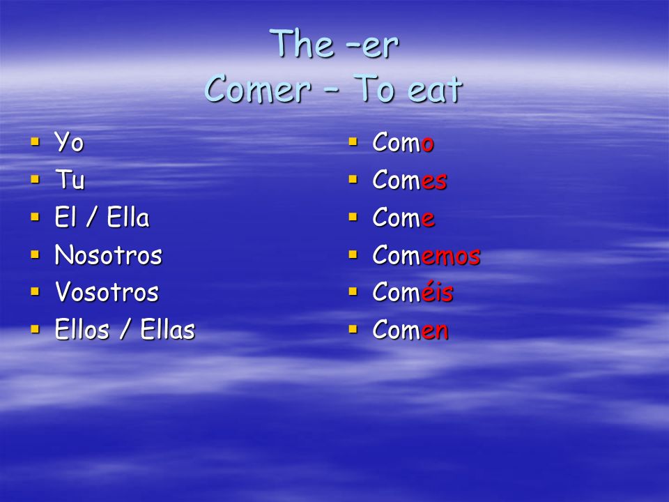 The –er Comer – To eat Yo Tu El / Ella Nosotros Vosotros Ellos / Ellas
