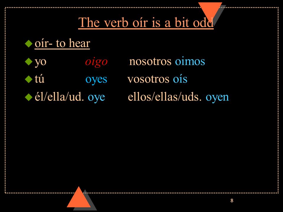 The verb oír is a bit odd oír- to hear yo oigo nosotros oimos