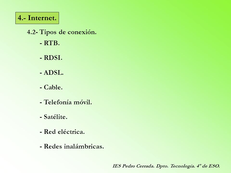 4.- Internet Tipos de conexión. - RTB. - RDSI. - ADSL. - Cable.