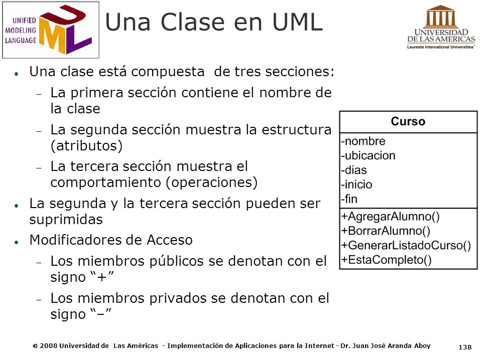 Una Clase en UML Una clase está compuesta de tres secciones: