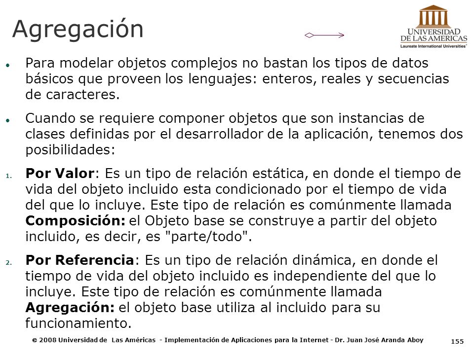 Agregación Para modelar objetos complejos no bastan los tipos de datos básicos que proveen los lenguajes: enteros, reales y secuencias de caracteres.