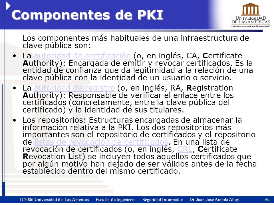 Componentes de PKI Los componentes más habituales de una infraestructura de clave pública son: