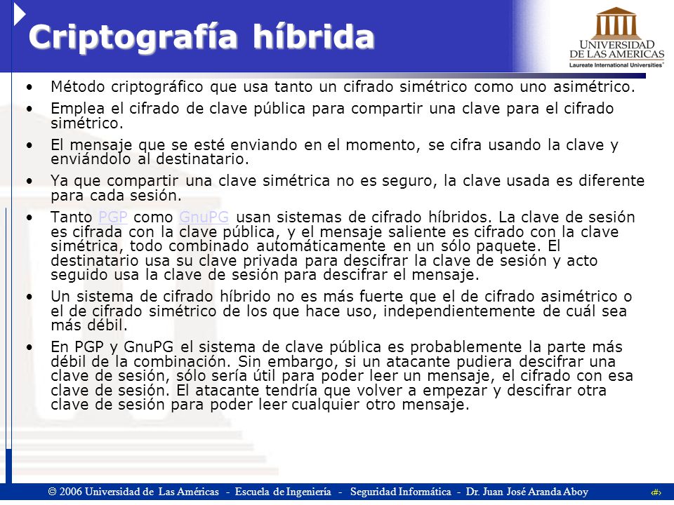 Criptografía híbrida Método criptográfico que usa tanto un cifrado simétrico como uno asimétrico.