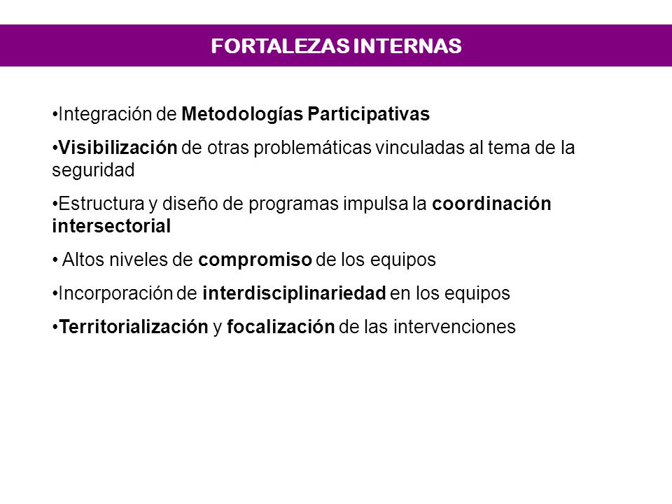 FORTALEZAS INTERNAS Integración de Metodologías Participativas