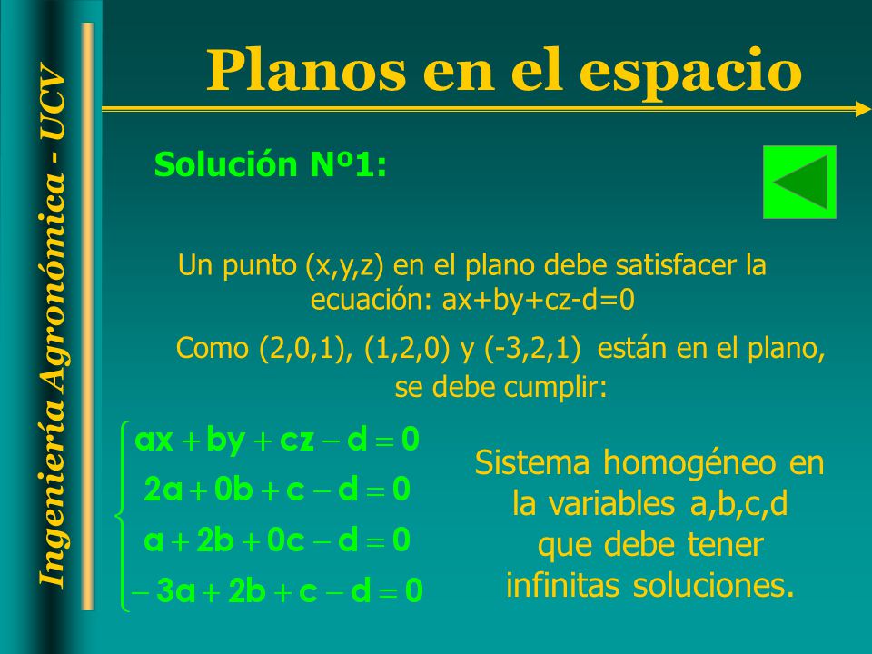 Solución Nº1: Un punto (x,y,z) en el plano debe satisfacer la ecuación: ax+by+cz-d=0.