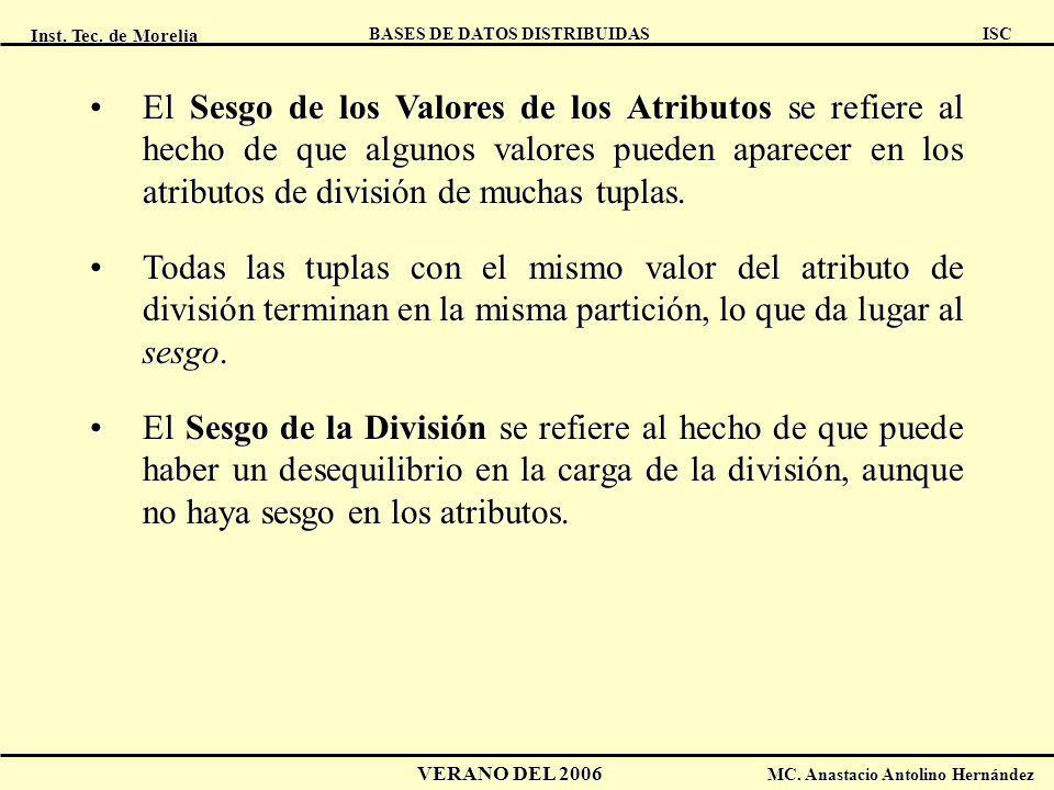 El Sesgo de los Valores de los Atributos se refiere al hecho de que algunos valores pueden aparecer en los atributos de división de muchas tuplas.