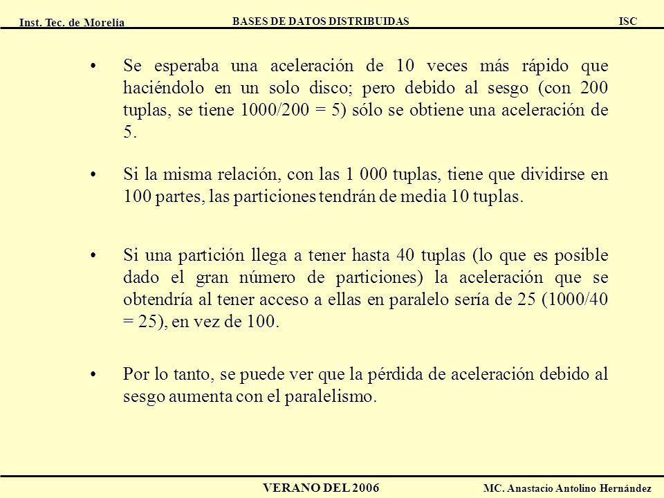 Se esperaba una aceleración de 10 veces más rápido que haciéndolo en un solo disco; pero debido al sesgo (con 200 tuplas, se tiene 1000/200 = 5) sólo se obtiene una aceleración de 5.