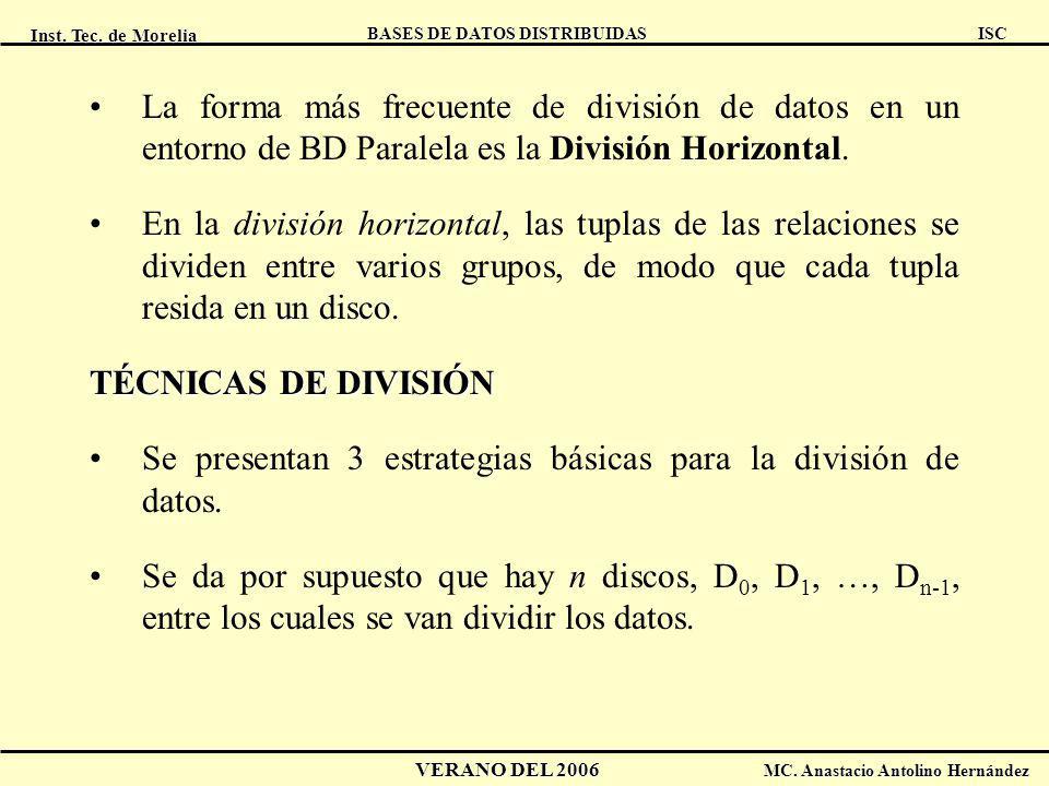 La forma más frecuente de división de datos en un entorno de BD Paralela es la División Horizontal.