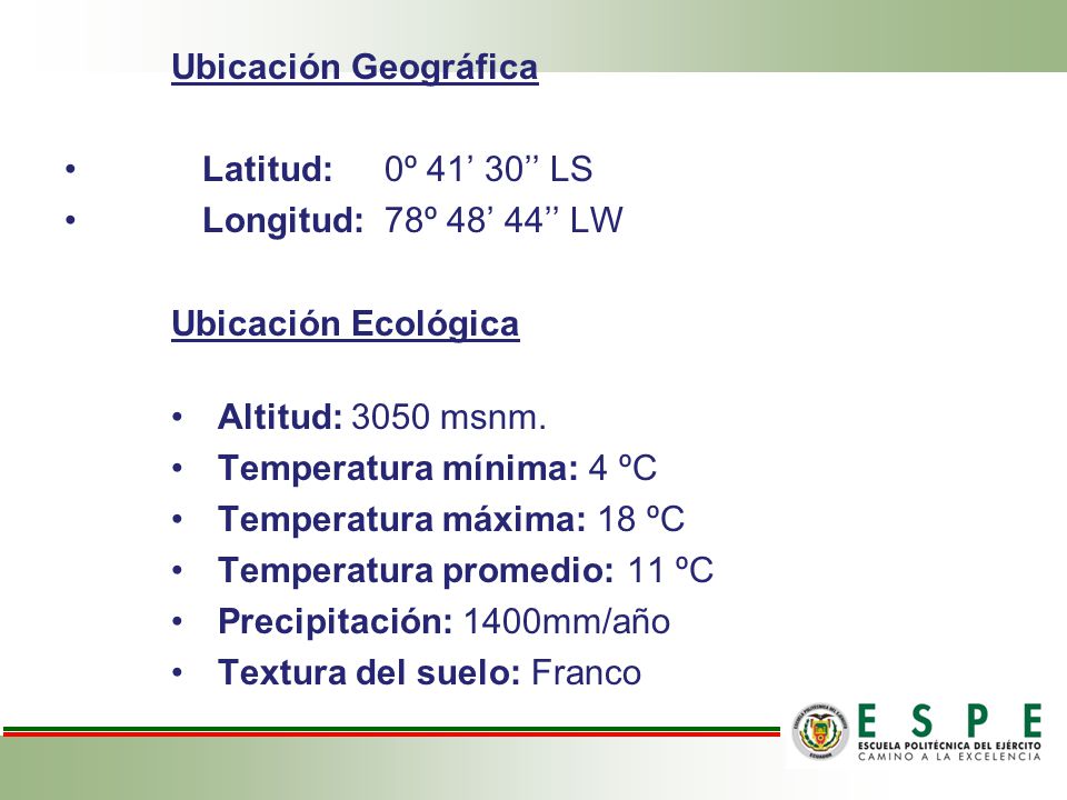 Ubicación Geográfica Latitud: 0º 41’ 30’’ LS. Longitud: 78º 48’ 44’’ LW. Ubicación Ecológica.