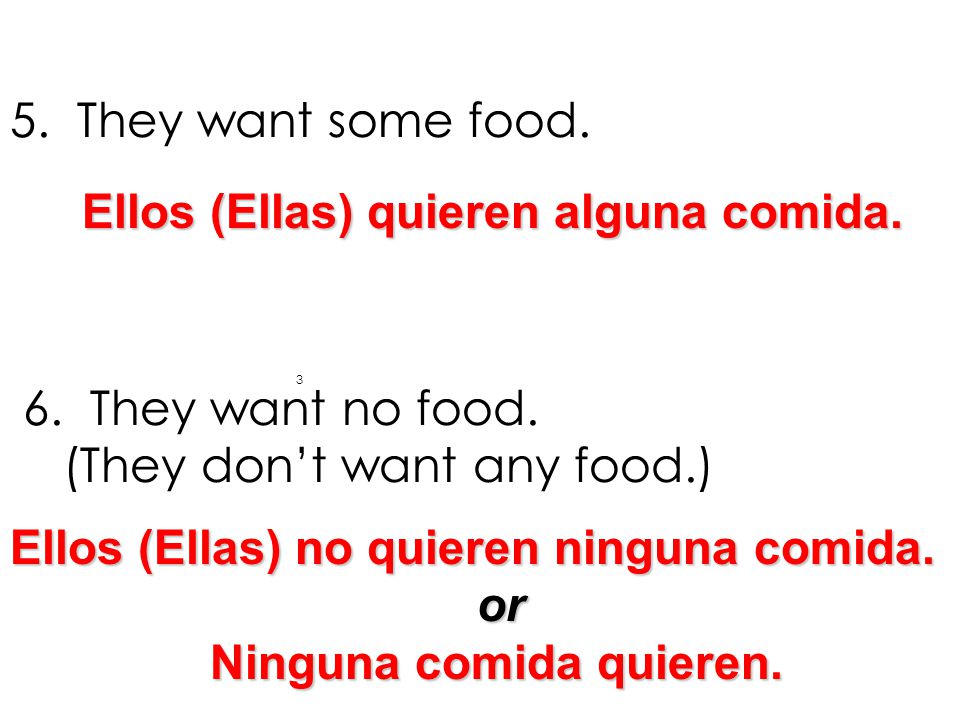 (They don’t want any food.) Ellos (Ellas) quieren alguna comida.