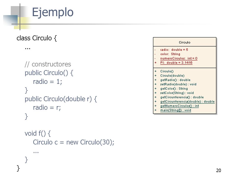 Ejemplo class Circulo { ... // constructores public Circulo() {