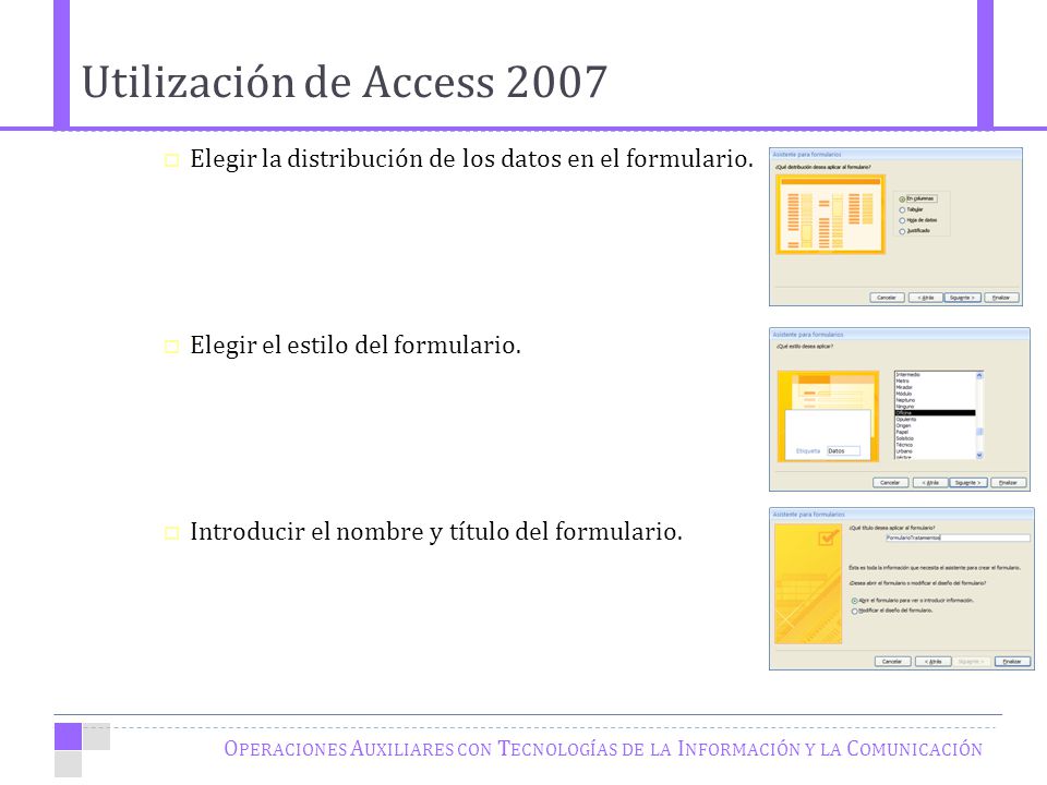 Utilización de Access 2007 Elegir la distribución de los datos en el formulario. Elegir el estilo del formulario.