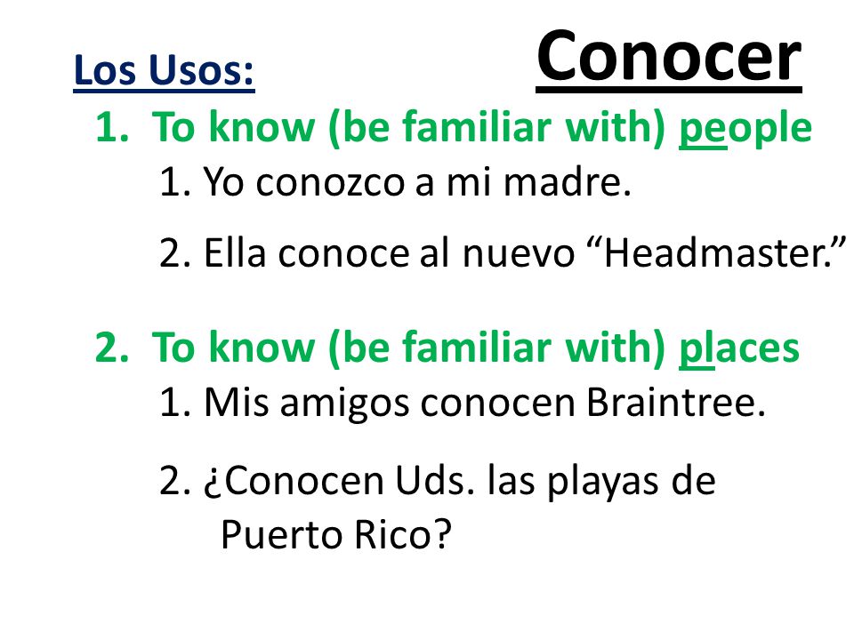 Conocer Los Usos: 1. To know (be familiar with) people