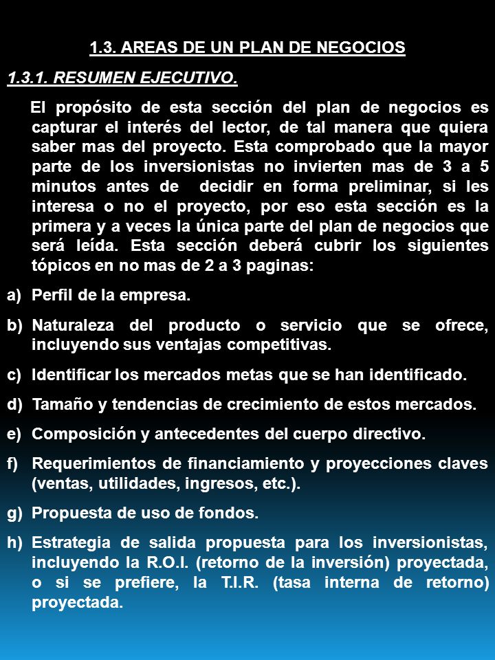 1.3. AREAS DE UN PLAN DE NEGOCIOS