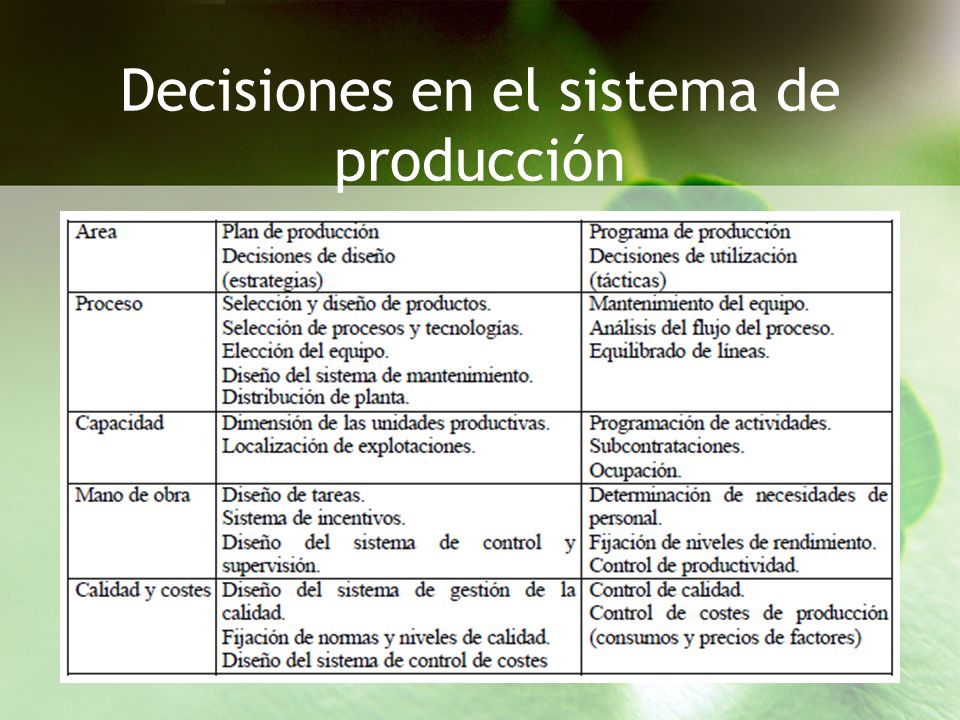 Decisiones en el sistema de producción