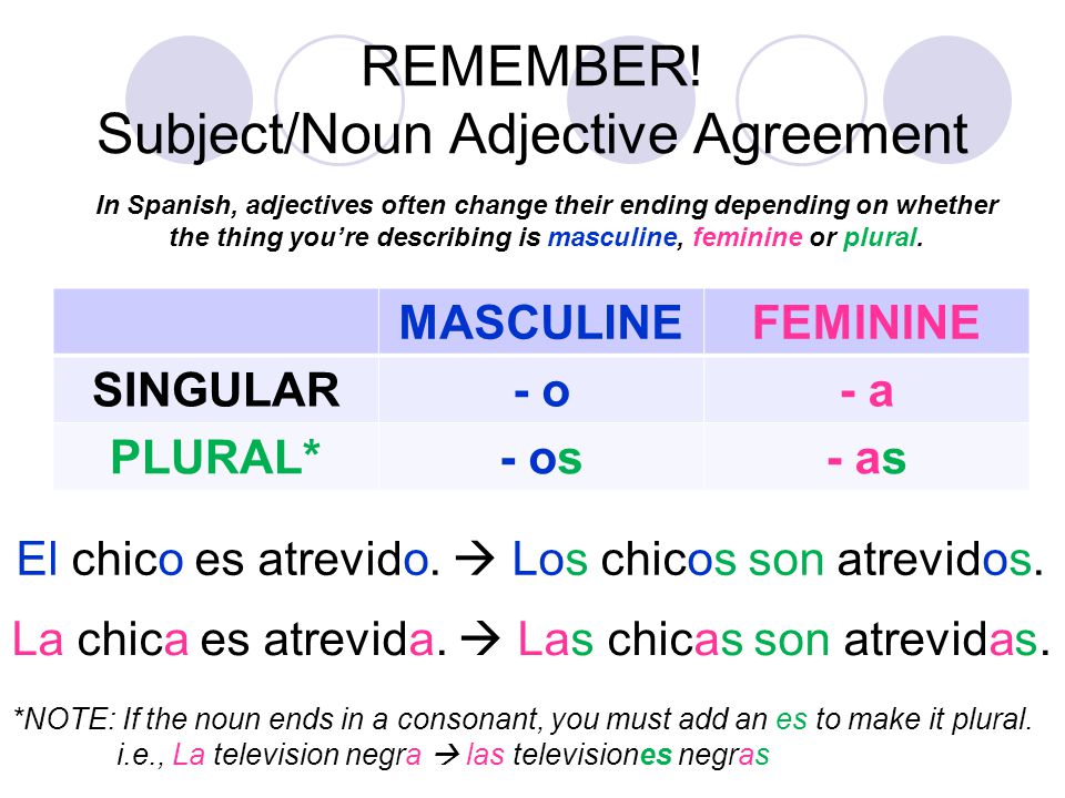 REMEMBER! Subject/Noun Adjective Agreement