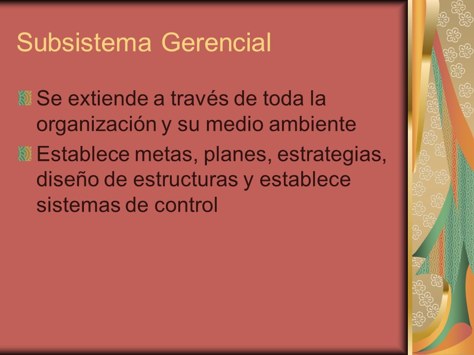 Subsistema Gerencial Se extiende a través de toda la organización y su medio ambiente.