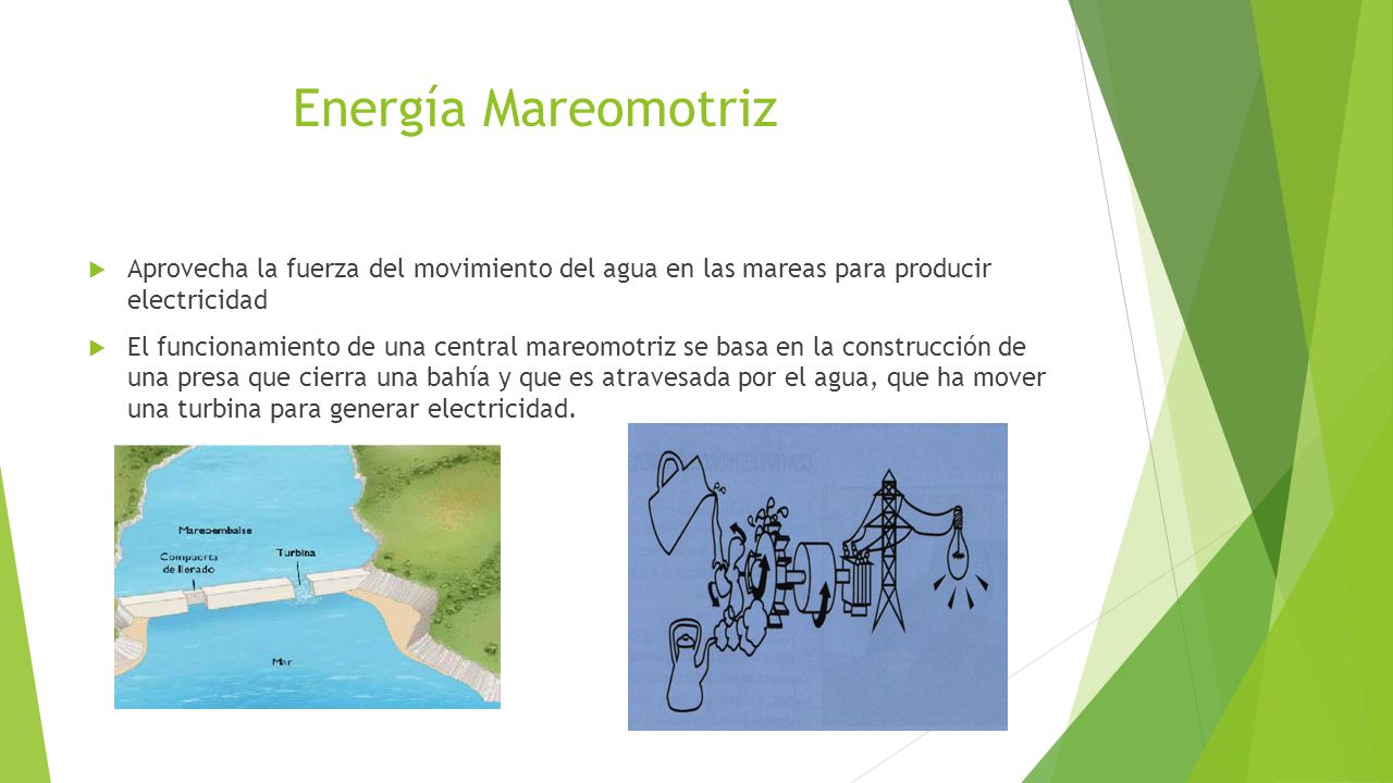 Energía Mareomotriz Aprovecha la fuerza del movimiento del agua en las mareas para producir electricidad.