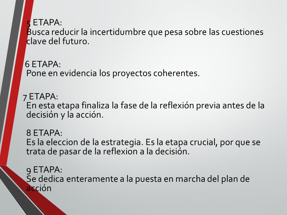 5 ETAPA: Busca reducir la incertidumbre que pesa sobre las cuestiones clave del futuro.