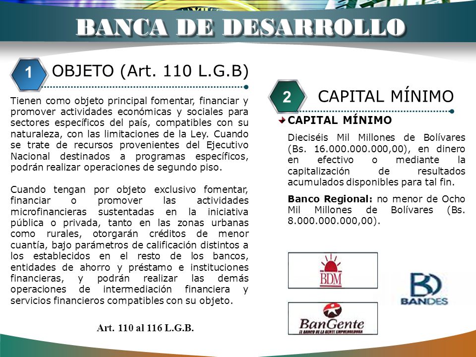 BANCA DE DESARROLLO OBJETO (Art. 110 L.G.B) 1 2 CAPITAL MÍNIMO 3