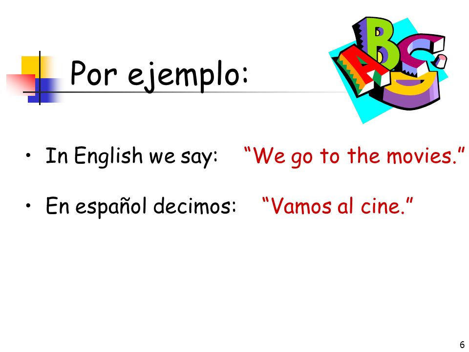 Por ejemplo: In English we say: We go to the movies.