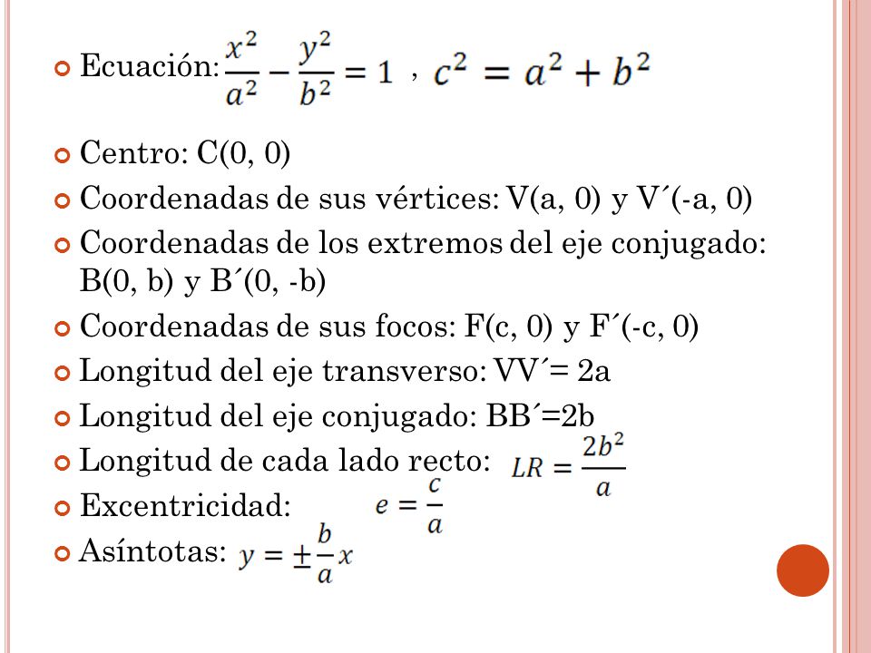 Ecuación: , Centro: C(0, 0) Coordenadas de sus vértices: V(a, 0) y V´(-a, 0)