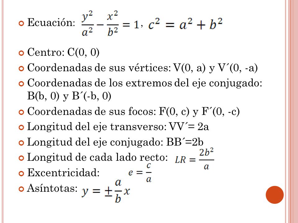 Ecuación: , Centro: C(0, 0) Coordenadas de sus vértices: V(0, a) y V´(0, -a)