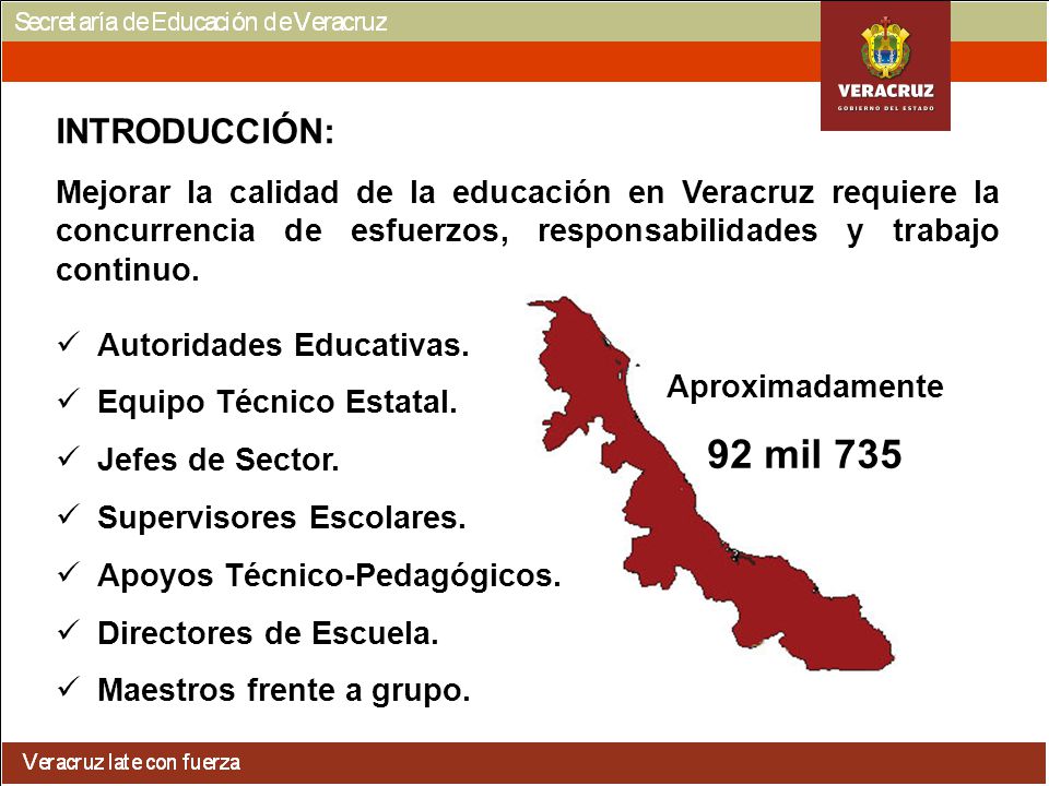 INTRODUCCIÓN: Mejorar la calidad de la educación en Veracruz requiere la concurrencia de esfuerzos, responsabilidades y trabajo continuo.