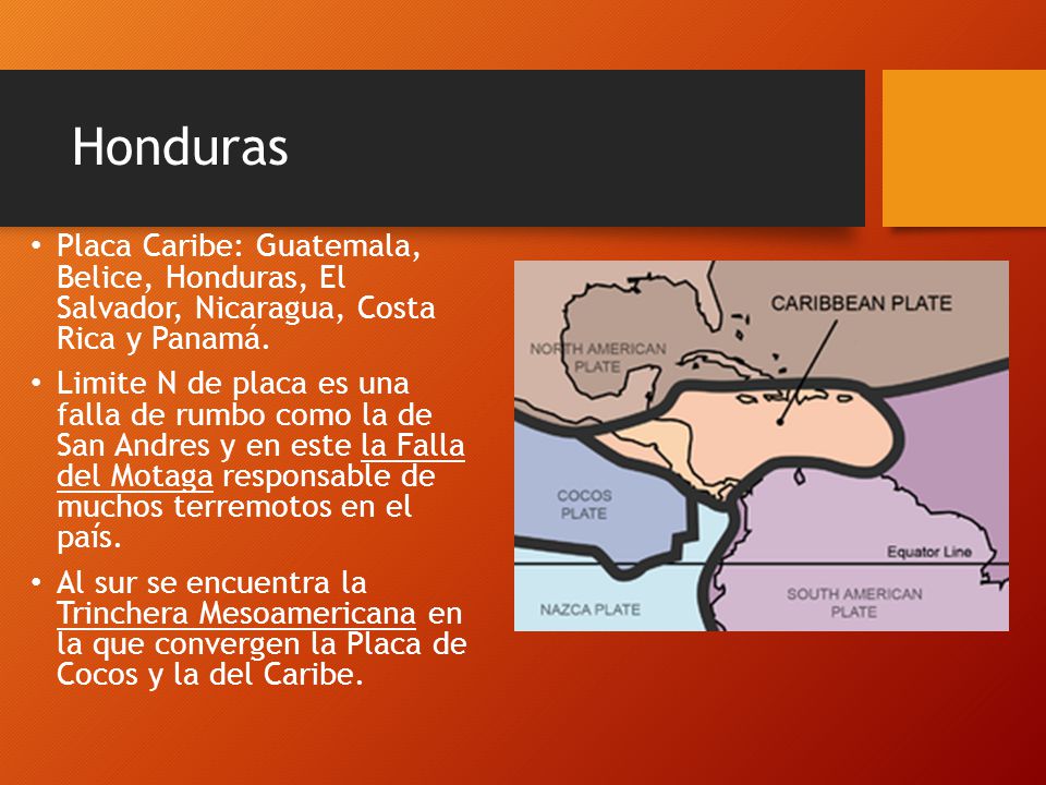 Honduras Placa Caribe: Guatemala, Belice, Honduras, El Salvador, Nicaragua, Costa Rica y Panamá.