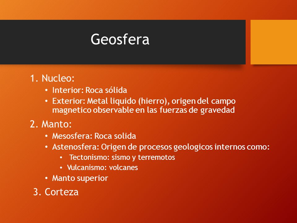 Geosfera 1. Nucleo: 2. Manto: 3. Corteza Interior: Roca sólida