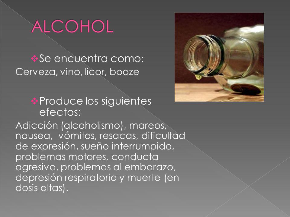 ALCOHOL Se encuentra como: Produce los siguientes efectos: