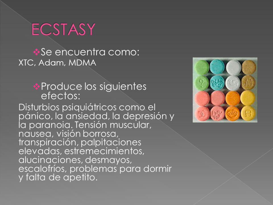 ECSTASY Se encuentra como: Produce los siguientes efectos: