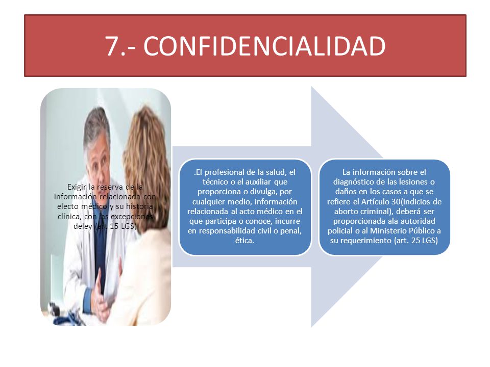 7.- CONFIDENCIALIDAD Exigir la reserva de la información relacionada con electo médico y su historia clínica, con las excepciones deley (art 15 LGS)