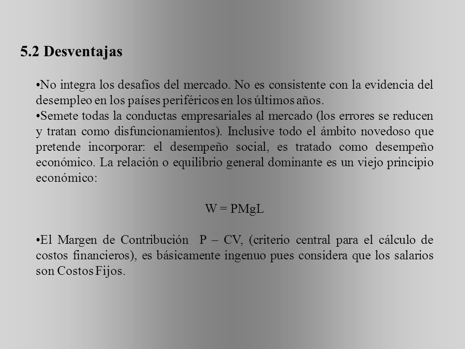 5.2 Desventajas No integra los desafíos del mercado. No es consistente con la evidencia del desempleo en los países periféricos en los últimos años.