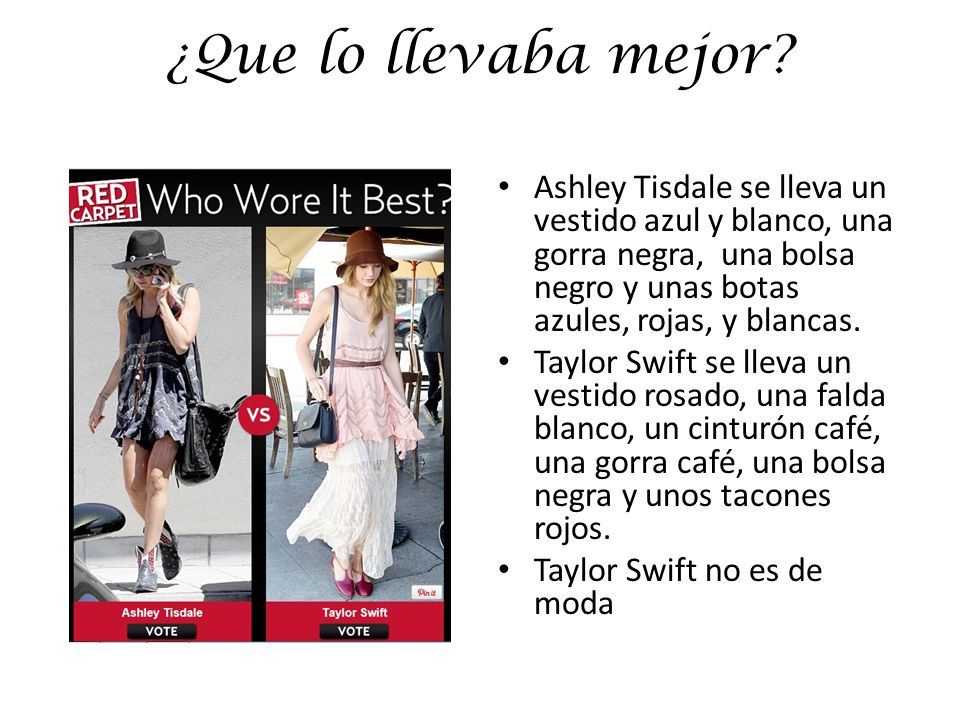 ¿Que lo llevaba mejor Ashley Tisdale se lleva un vestido azul y blanco, una gorra negra, una bolsa negro y unas botas azules, rojas, y blancas.