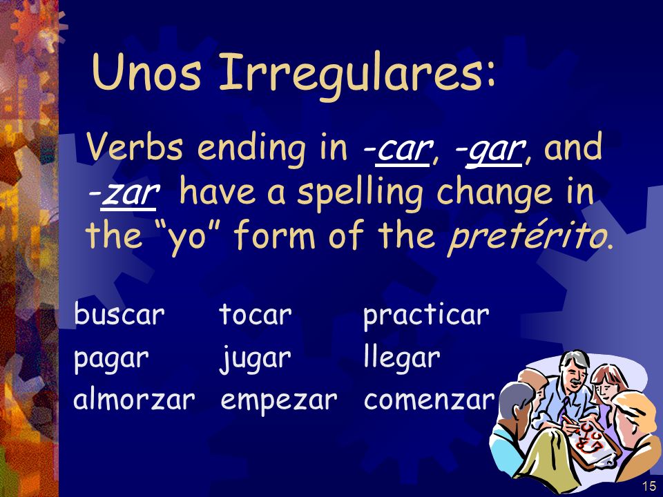 Unos Irregulares: Verbs ending in -car, -gar, and -zar have a spelling change in the yo form of the pretérito.