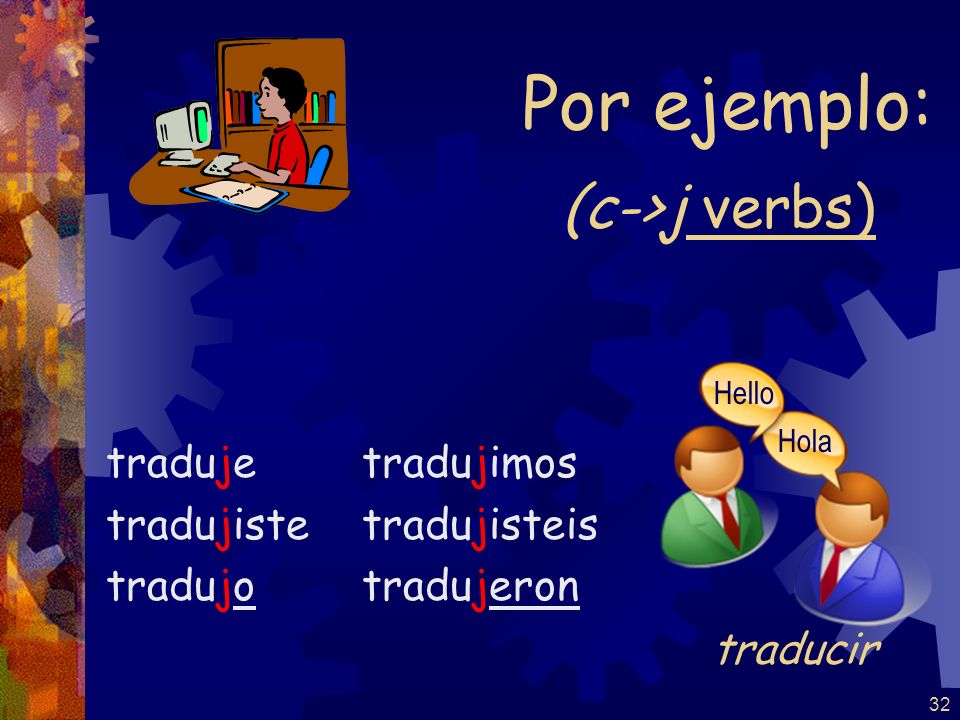 Por ejemplo: (c->j verbs) traduje tradujiste tradujo tradujimos