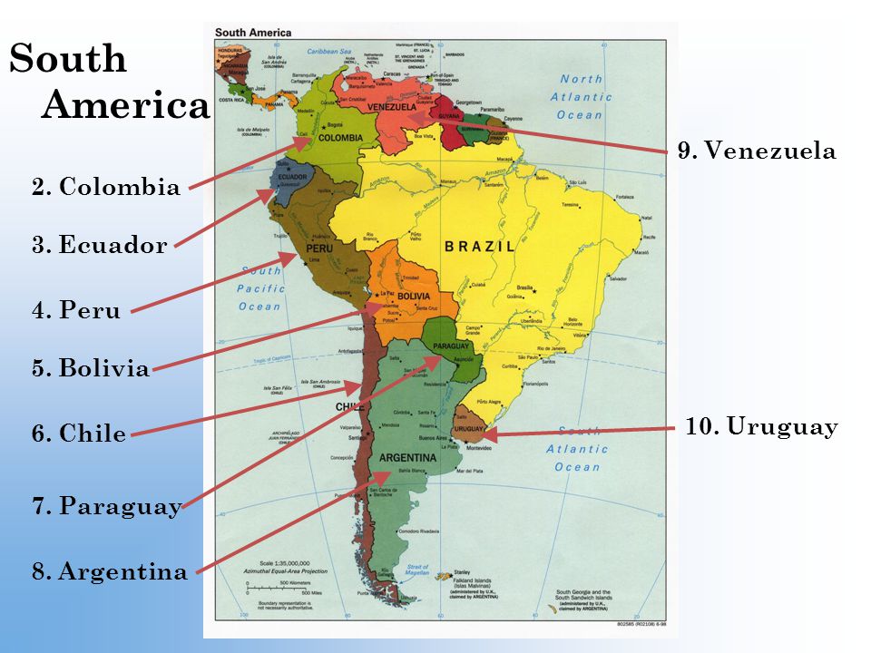 South America 9. Venezuela 2. Colombia 3. Ecuador 4. Peru 5. Bolivia