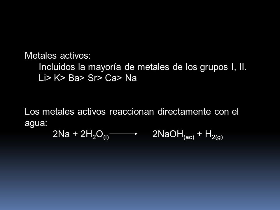 Metales activos: Incluidos la mayoría de metales de los grupos I, II. Li> K> Ba> Sr> Ca> Na.