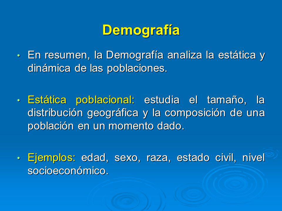 Demografía En resumen, la Demografía analiza la estática y dinámica de las poblaciones.