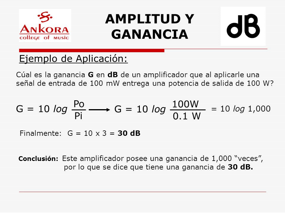 AMPLITUD Y GANANCIA Ejemplo de Aplicación: Po 100W G = 10 log