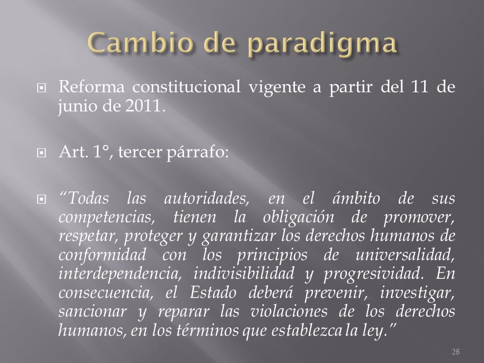 Cambio de paradigma Reforma constitucional vigente a partir del 11 de junio de Art. 1°, tercer párrafo: