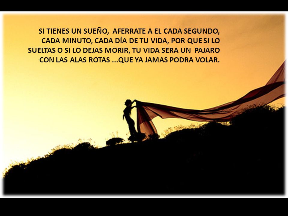SI TIENES UN SUEÑO, AFERRATE A EL CADA SEGUNDO, CADA MINUTO, CADA DÍA DE TU VIDA, POR QUE SI LO SUELTAS O SI LO DEJAS MORIR, TU VIDA SERA UN PAJARO CON LAS ALAS ROTAS ...QUE YA JAMAS PODRA VOLAR.