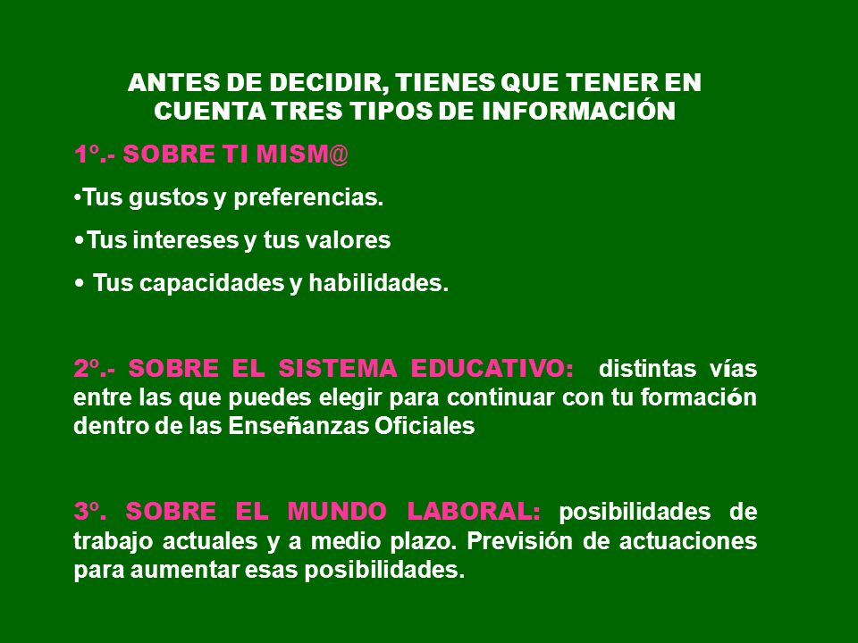 ANTES DE DECIDIR, TIENES QUE TENER EN CUENTA TRES TIPOS DE INFORMACIÓN