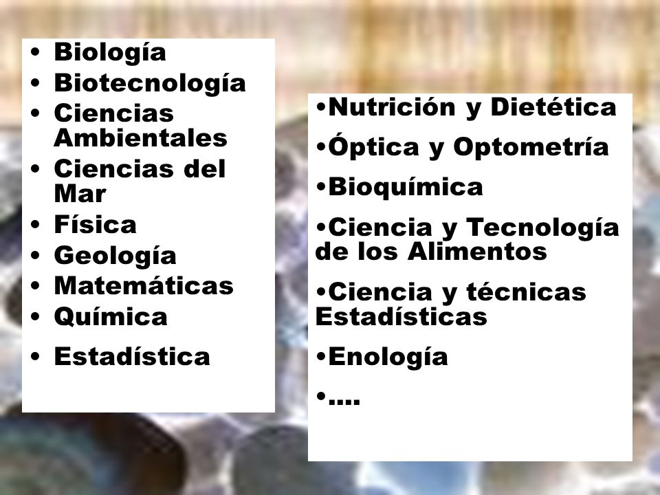 Biología Biotecnología. Ciencias Ambientales. Ciencias del Mar. Física. Geología. Matemáticas.